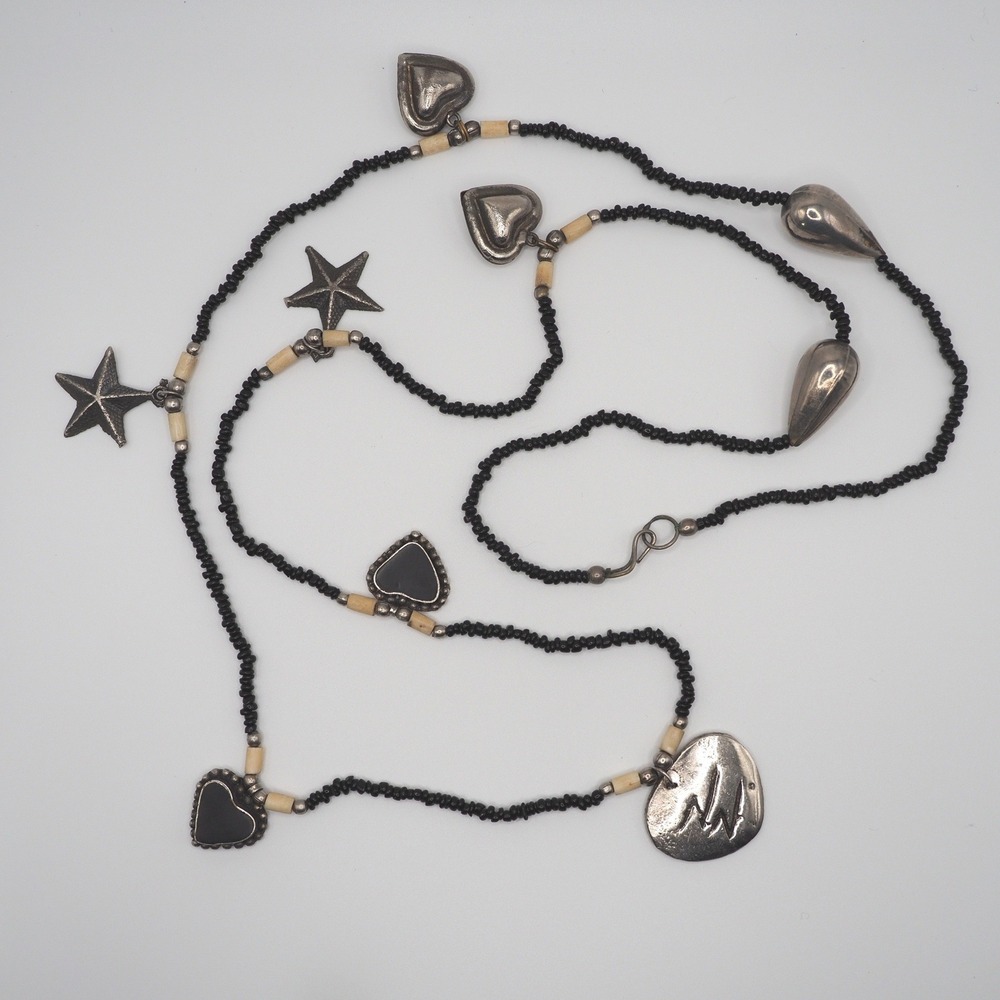 Artisan Necklace Black Inlay Puffy Heart Star Charm Bead Silver Tone Medallion